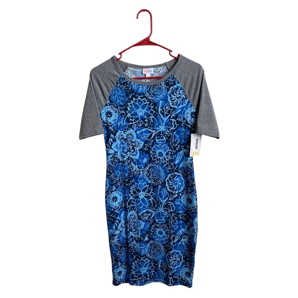 NWT Lularoe Blue Floral With Gray Raglan Sleeves Julia Pencil Dress- Size XXS
